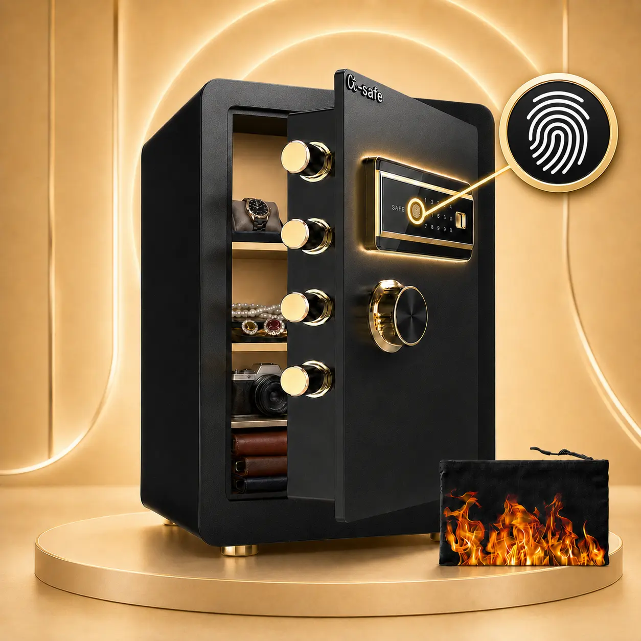 X-safe0.8-3.5 biometric box with fingerprint and digital keypad smart alarm system, inner lockbox, fireproof bag, emergency key, suitable for valuables and spy equipment, a must-have for home, Led Lighting, Backup Power
