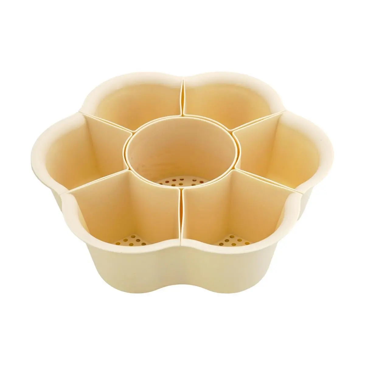 KAWASIMAYA Rotating Hot Pot Vegetable Basket, 5-Compartment Swivel Draining Tray for Kitchen, Cream White
