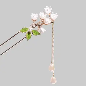 Lily of the Valley Double Prong Hair Fork with Pearl and Flower Design for Elegant Hairstyles