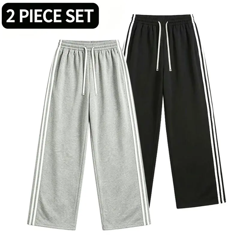 2-Pack Men’s Wide-Leg Sweatpants with Side Stripes, Elastic Waist Drawstring Casual Sports Pants