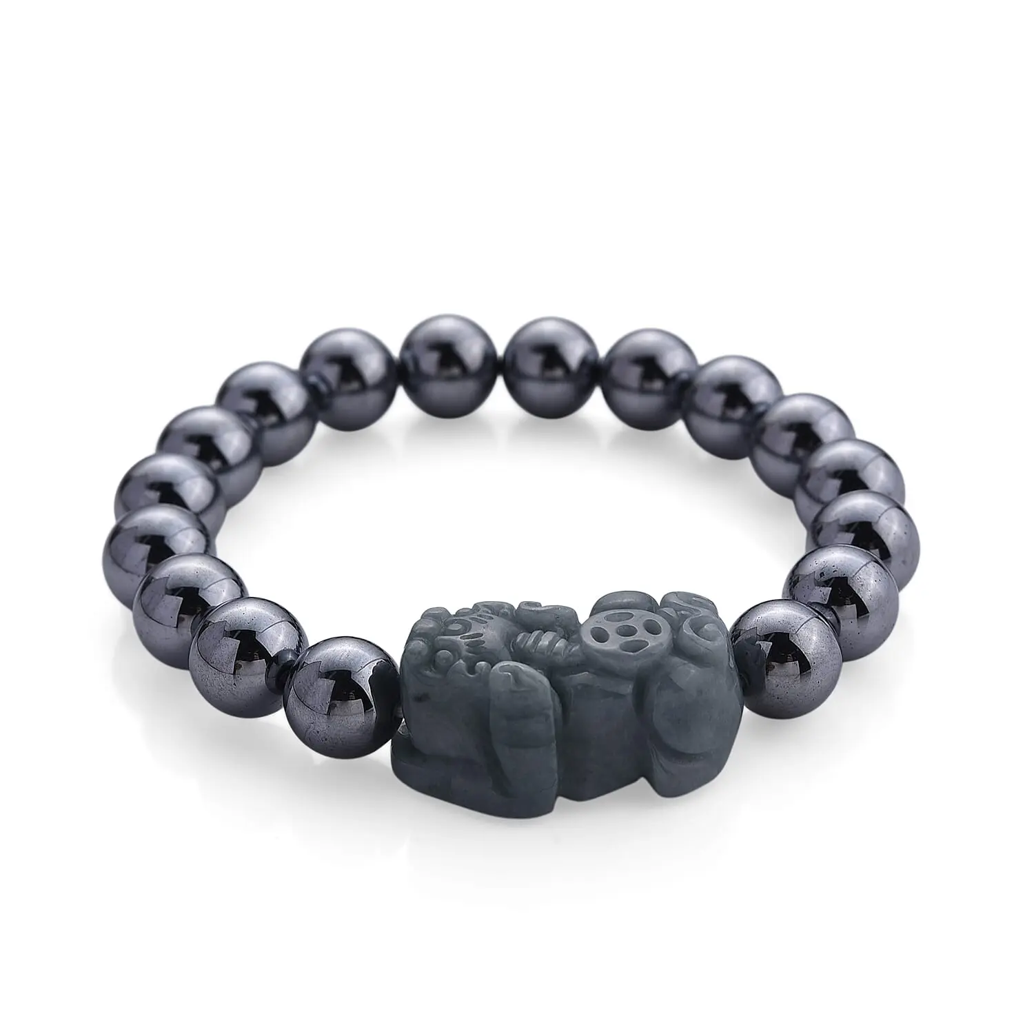 Natural Olmec Jadeite Carved Pixiu with Terahertz Beaded Stretch Bracelet (6.5-7in) 150.00 ctw