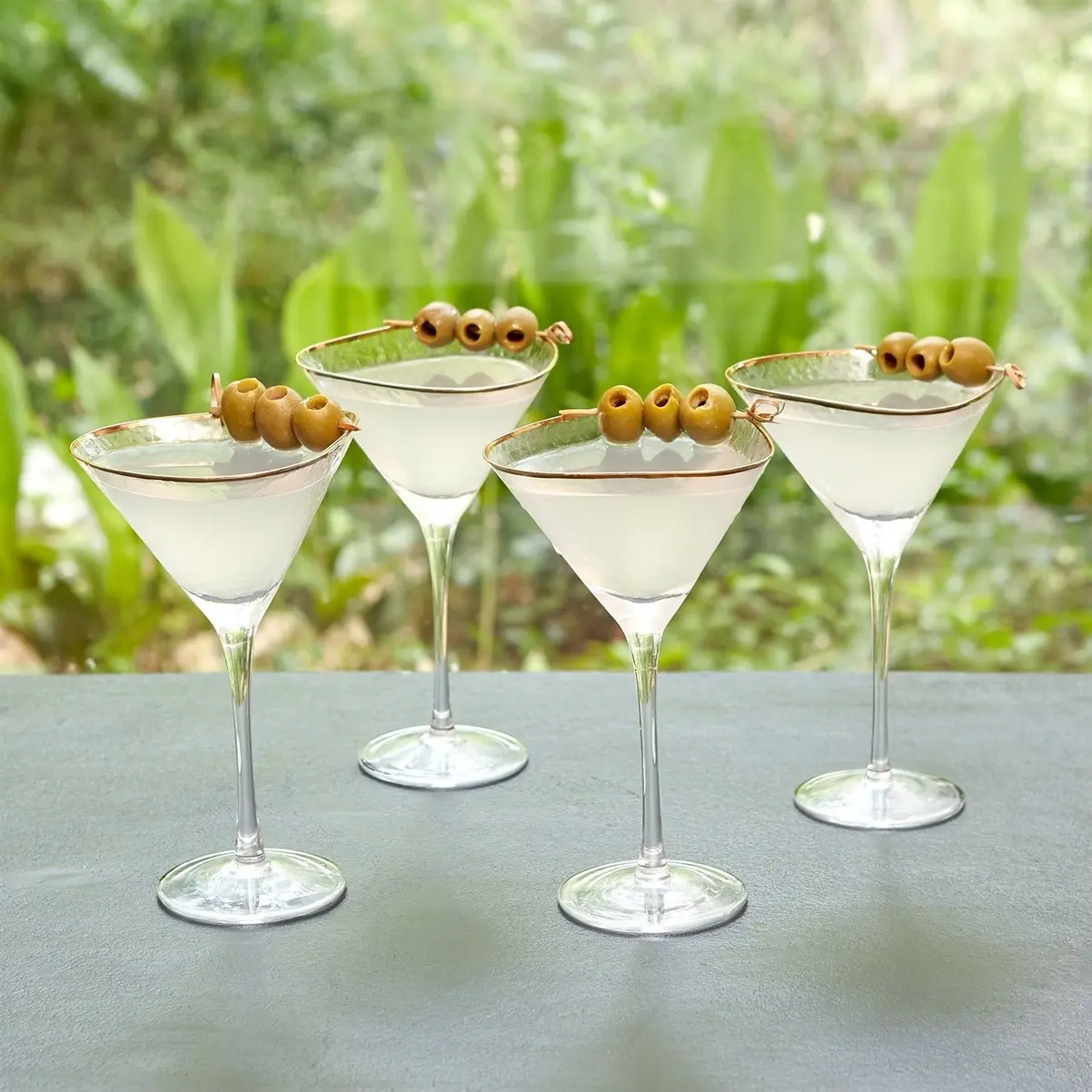 Stunning Set of 4 Hammered Glass finished Martini Glasses with gold rim