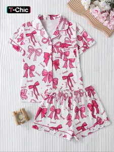 Women's Sleepwear Pajama Set, Fitted, Loved & Bowknot Printed Top, Collar Button Short Sleeve, Comfortable Elastic Shorts, Elegant Home Wear
