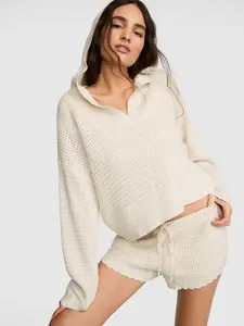 PINK Crochet V-Neck Hoodie