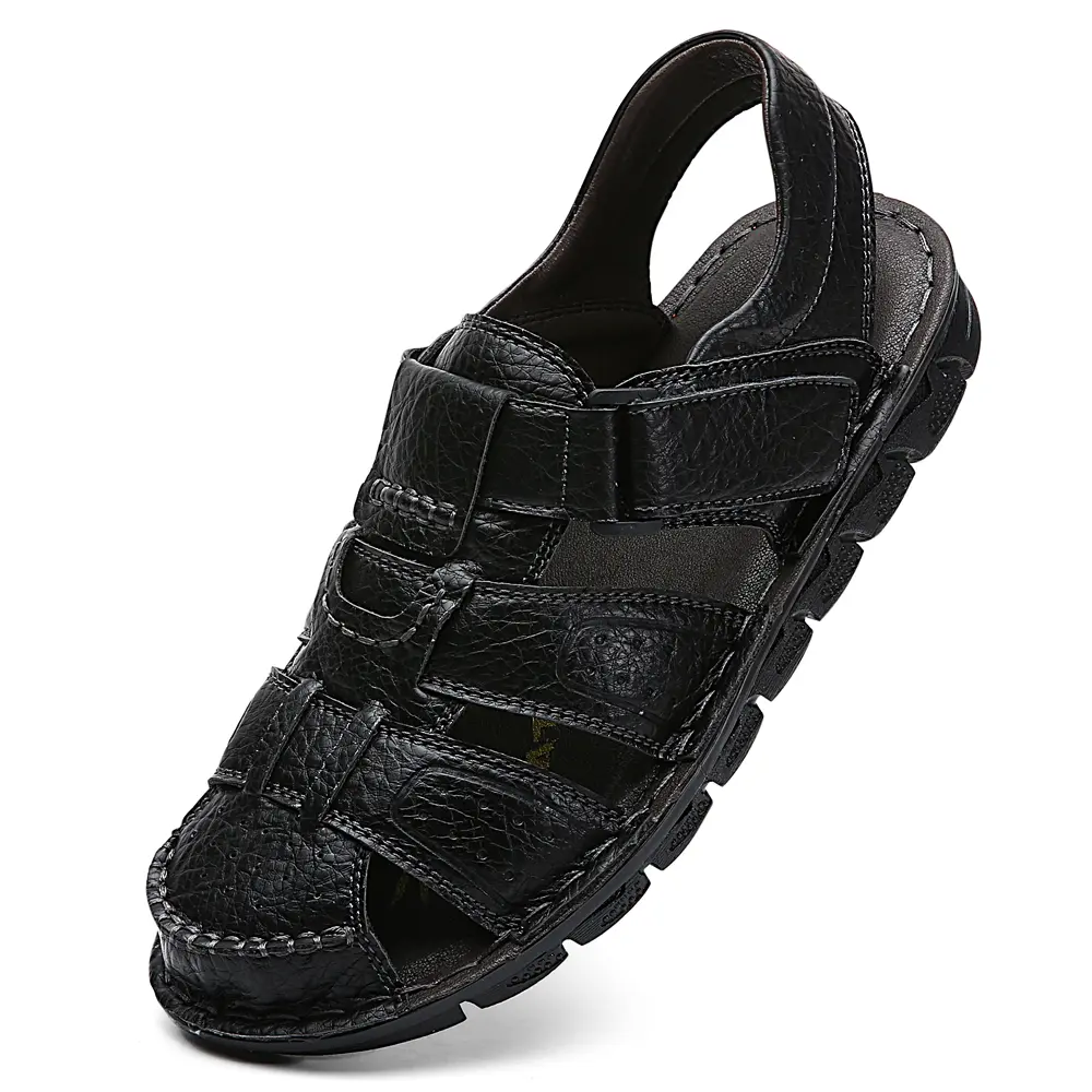 Men's Hiking Leather Sandals Closed Toe Water Shoes For Summer Athletic Outdoor Walking Sports Trail River Fishing Wide Adjustable Waterproof Arch Support