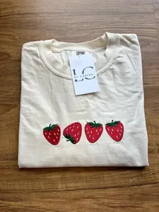 Strawberry Embroidered T-Shirt  Cute Aesthetic Tee | Cottagecore Shirt | Summer Outfit Top | Trendy Minimal Tee Womenswear Everyday Embroidery Comfy Casual