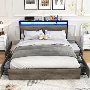 Full Size Bed Frame with Storage Headboard and Charging Station, LED Full Platform Bed with 4 Storage Drawers, Noise-Free, Metal Support Base, No Box Spring Needed, Gray