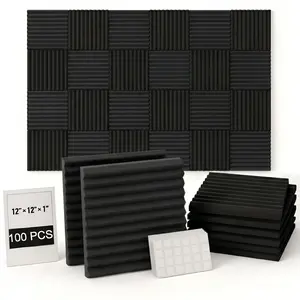 100 black sound insulation foam panels (with 540PCS double-sided adhesive tape) 1 "x 12" x 12 "sound insulation foam disc sound insulation noise reduction wedge plate, suitable for home office recording room