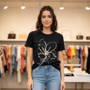 Black Floral Embroidered T-Shirt for Women - Comfortable Fit & Stylish Design - Perfect for Casual Wear