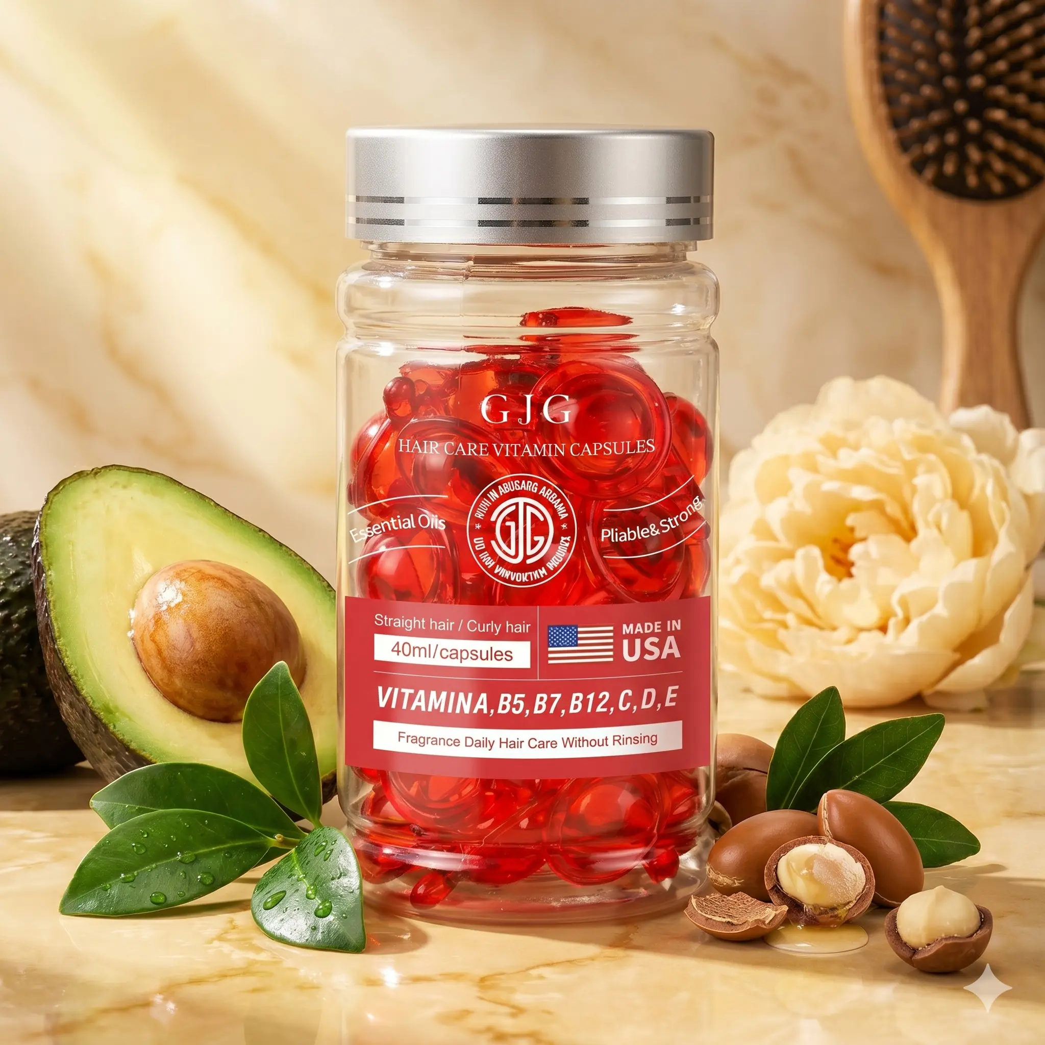 Hair Vitamin Capsules, Leave-In Hair Repair Serum, Hair Oil Capsules with Vitamins A B5 C E, Frizz Control Shine Treatment for Dry Damaged Hair, Moisturizing Split End Care, Made in USA