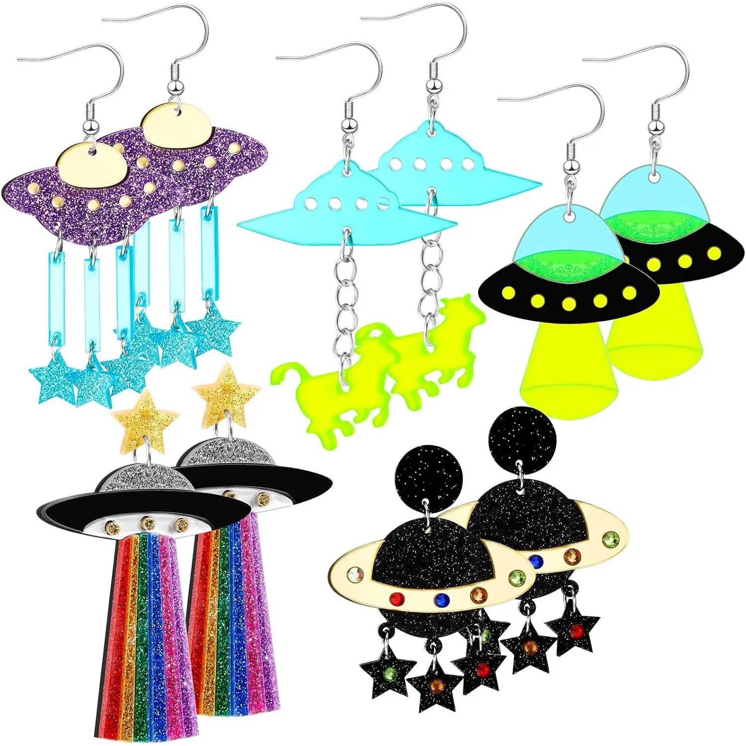 Women's 5-Pair Alien Theme Acrylic Earrings Set - Lightweight UFO, Planet, Cow Eye Dangle Costume Jewelry for Halloween, Crazy, Novelty, Drop Earrings