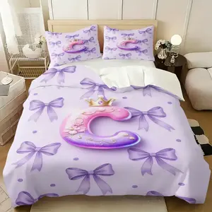 Princess Style Monogrammed Print Comforter Set, A Comforter Cover and 1/2 Coreless Pillowcase, The Pink and Purple Romantic Atmosphere Full, Soft And Comfortable, Suitable for Bedrooms and Guest Rooms, Suitable for All Seasons