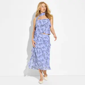 Women's Chiffon Ruffle Below Knee Midi Skirt - Wild Fable™ Light Blue Floral L