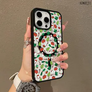 Cartoon Christmas Candy Cane Snowman & Xmas Tree Pattern Premium Magnetic Phone Case for iPhone 17 Air 16 15 14 Pro Max 13 12 11 Plus Shockproof Acrylic Cover Silicone Protector
