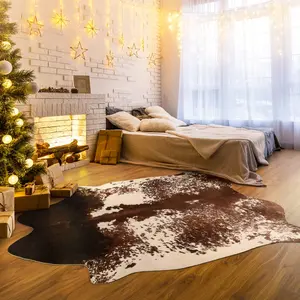 Faux Fur Cowhide Rug , White & Brown Cow Print | Non-Slip Western Decor Carpet for Living Room, Bedroom & Kids Family Space