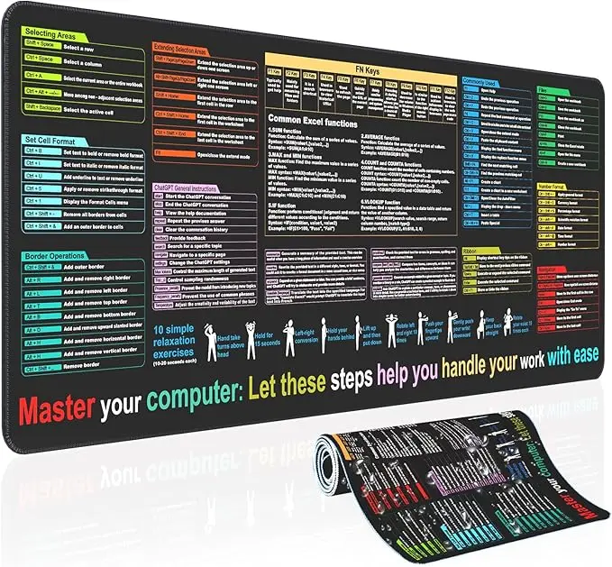 Excel Cheat Sheet Desk pad—Contains 9 Major Excel Function modules|Large XL Size（31.5 * 11.8 inch）|Desk mat for Keyboard and Mouse|Work、Study、Gaming Mouse pad|Waterproof、Anti-Slip Large Mouse pad