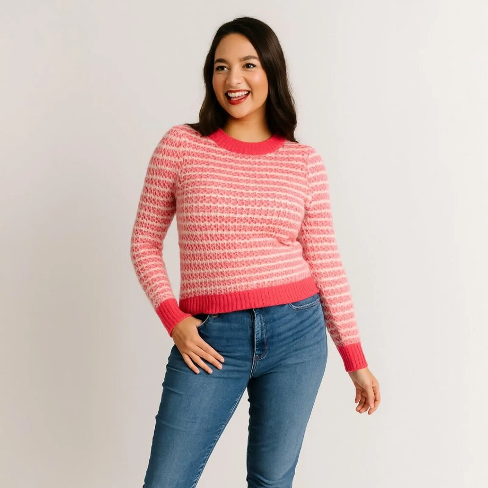 Women's Preppy Striped Sweater, a Cropped Crewneck Pullover in Comfy Textured Knitwear, Lightweight for Casual Outfits, Skirts, Chic, Denim, Soft, Fashion Apparel, Colorful Stripe Pattern Women's Pullovers, Long Sleeves, Cool Lightweight Women's Pullovers