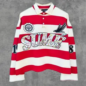 2-Piece Shirt Co-ord Set – Sume Rugby Embroidered Striped Polo Shirt, Retro Classic Unisex Oversized Long-Sleeve Shirts