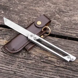 Men's tactical folding knife EDC multi-functional outdoor knife, pocket knife, fruit knife, all steel material, with leather case, easy to carry, quick opening design, suitable for wild survival emergency, camping, hiking, DIY, fishing, daily use