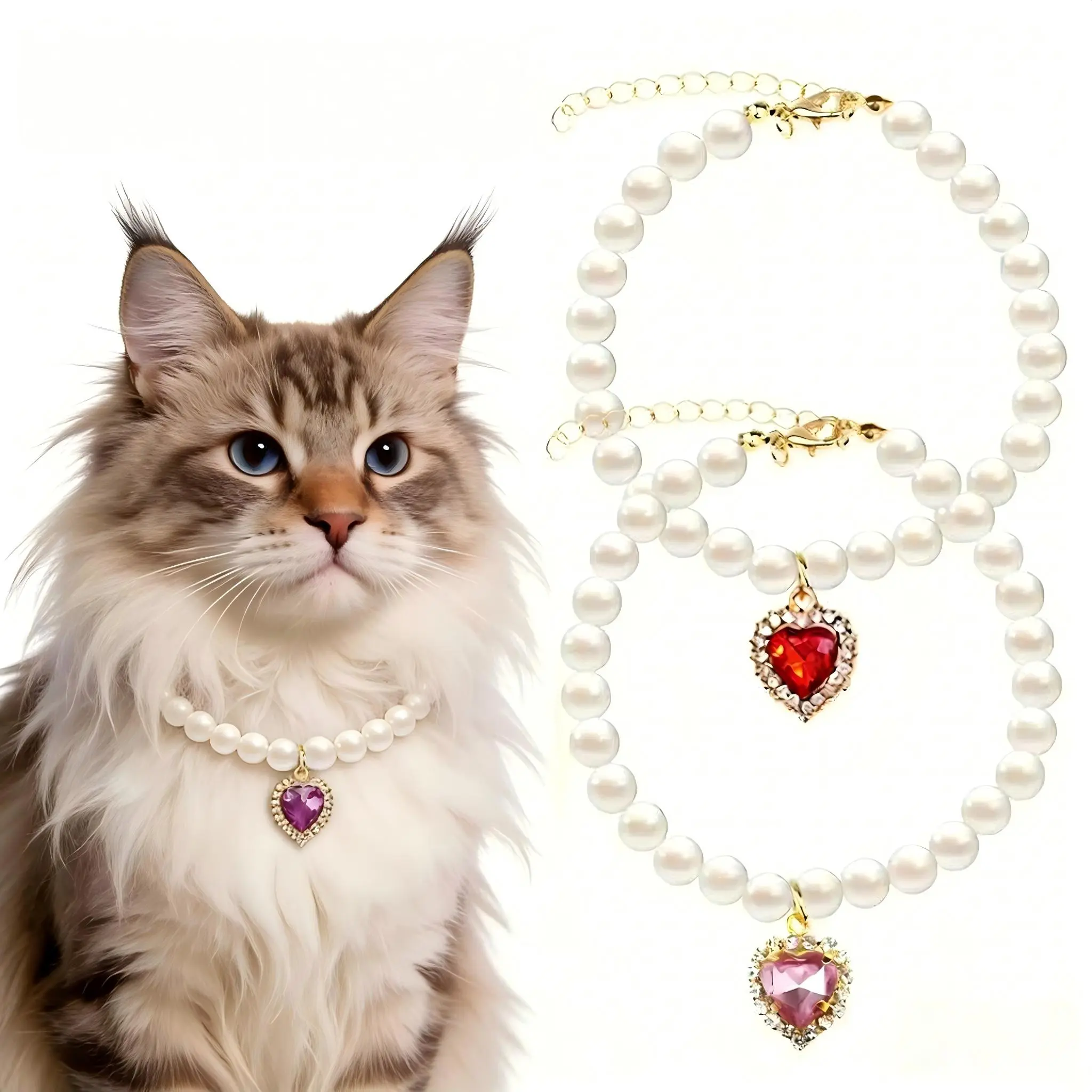 Chic Elegant 2-Pack Adjustable Pearl Pet Collar Set - Heart Charm Rhinestone Necklaces for Kittens - Wedding, Holiday Accessories for Small Dogs