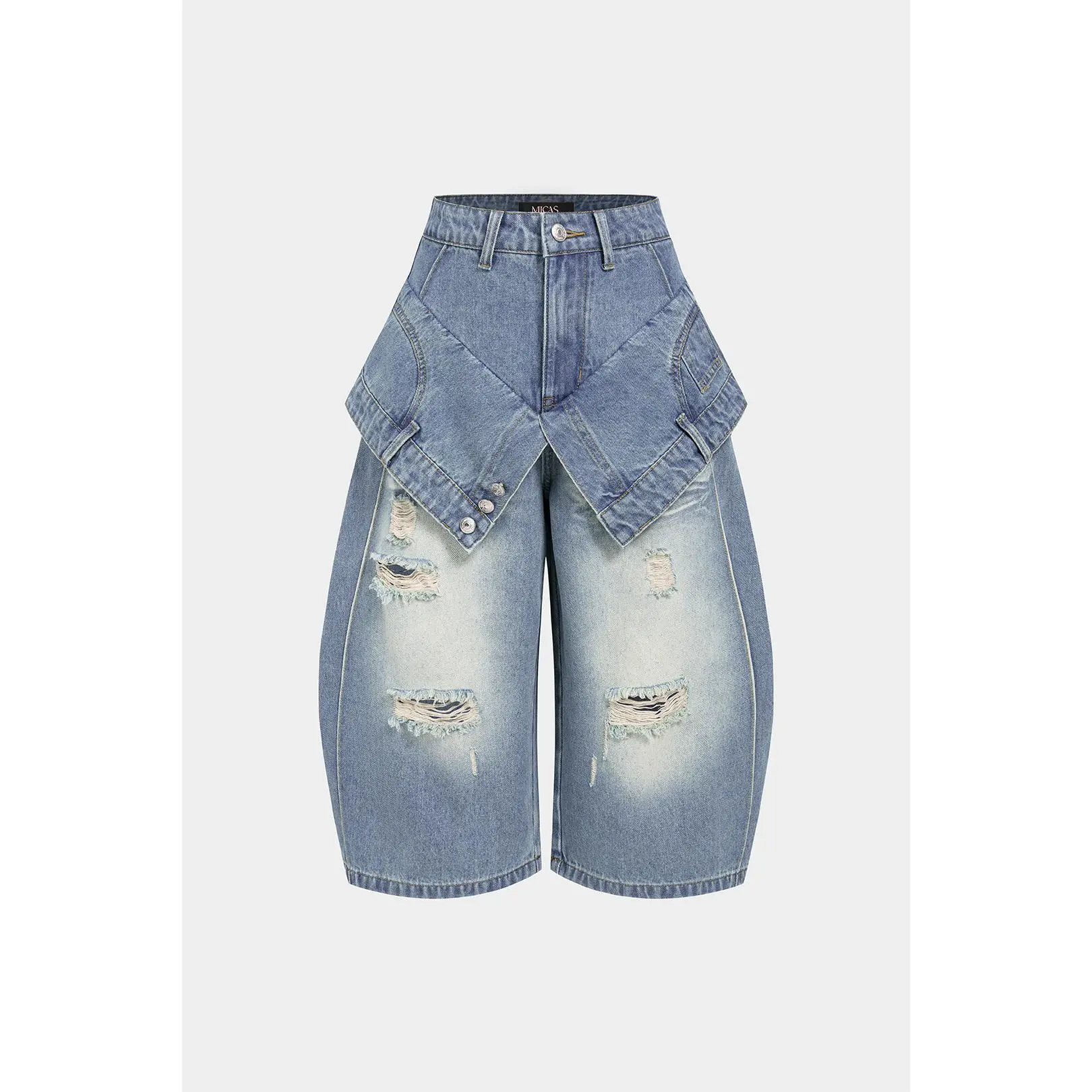 Women's Denim High-Waist Double Waistband Frayed Shorts, Polyester Jeans Bottoms with Loose Fit