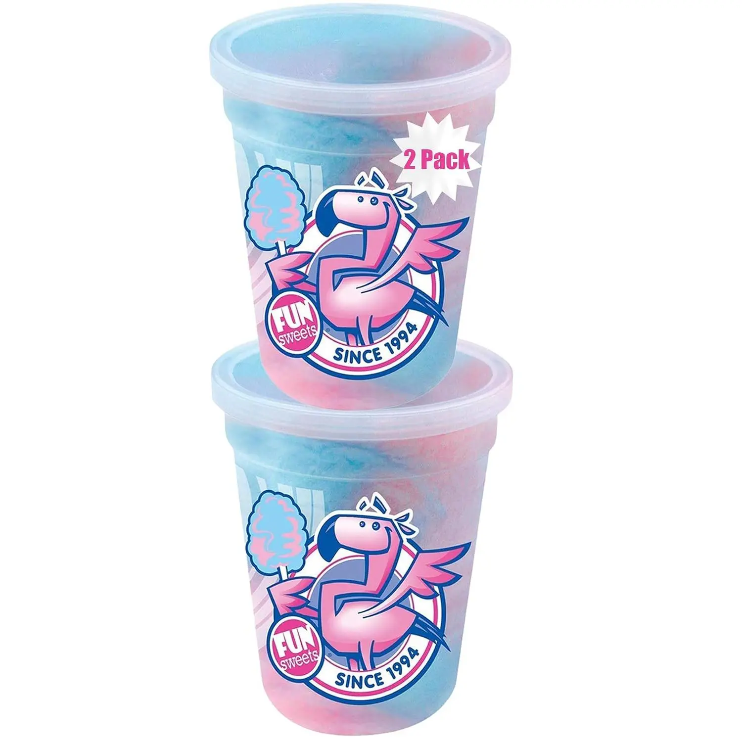 Fun Sweets Cotton Candy 2-Pack - Blue Raspberry and Cherry Swirl Flavor CottonCandy in 1.5 oz Tubs - Individual Carnival Cotton Candy Tubs