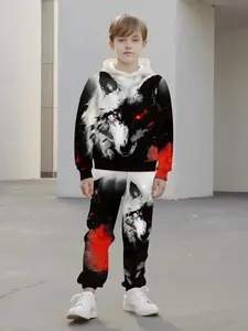 Boys' Hooded Set, Ink Wolf Design, Slim Fit Tracksuit, Casual Spring & Fall Wear, Random Print, No Zipper, Without Collar