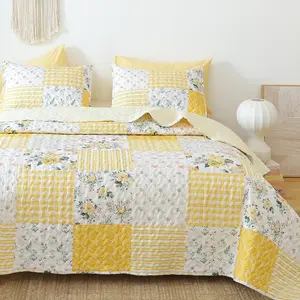 Sets Queen Size Floral Set 3 Pieces Bedding Set Bedspreads Yellow Comforter Blanket with 2 Pillow- Soft Floral Coverlet with Printed Pattern 90in.x 90in