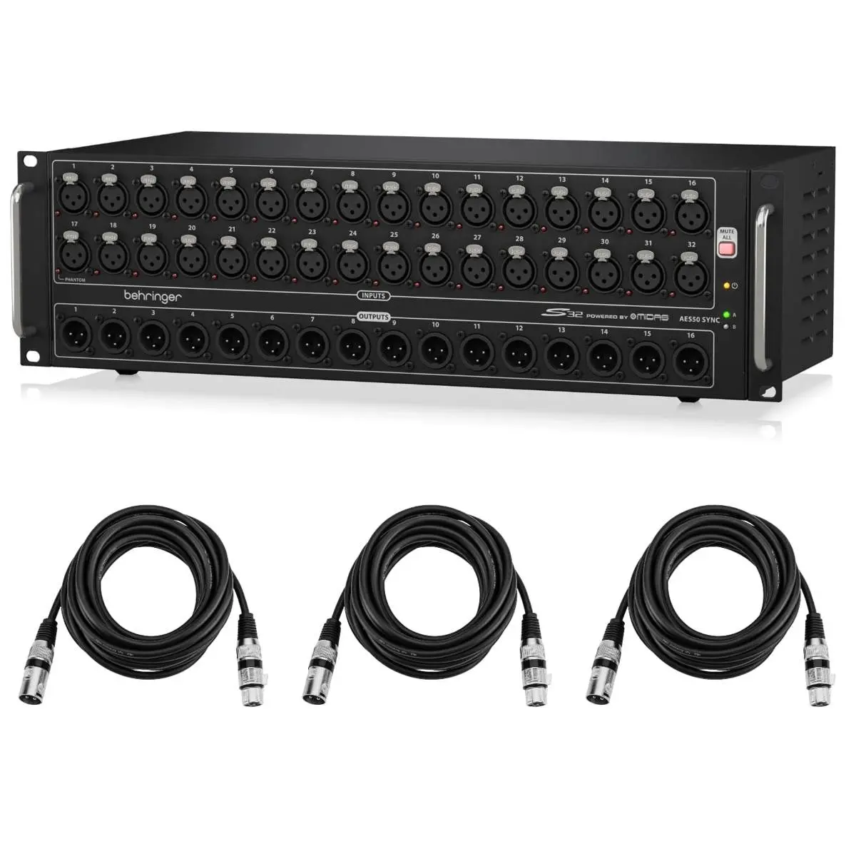 Behringer S32 Digital I/O Device with 32x Remote-Controllable Midas Preamps, USB Port, Bundled with 3x 25' XLR M to F Professional Microphone Cables