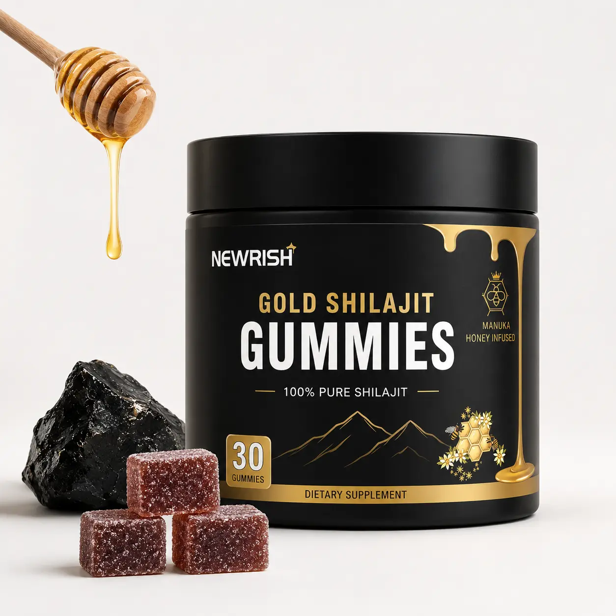 Newrish Organic Sheraze Gummies-Boosts Energy and Energy-Manuka Honey-Sugar Free-Non-GMO-Lab Certified/85 + Trace Minerals-30 Grains