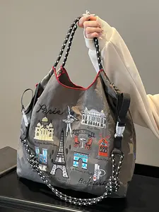 Small Exquisite Embroidered Tote Bag, Handbag Sling Bag, Everyday Crossbody Bag, Multiple Logo Architectural Patterns, Chain Shoulder Strap Design Casual Commuter Bag, with Large Capacity, Suitable for Daily Commuting, Travel, Casual Crossbody Bags