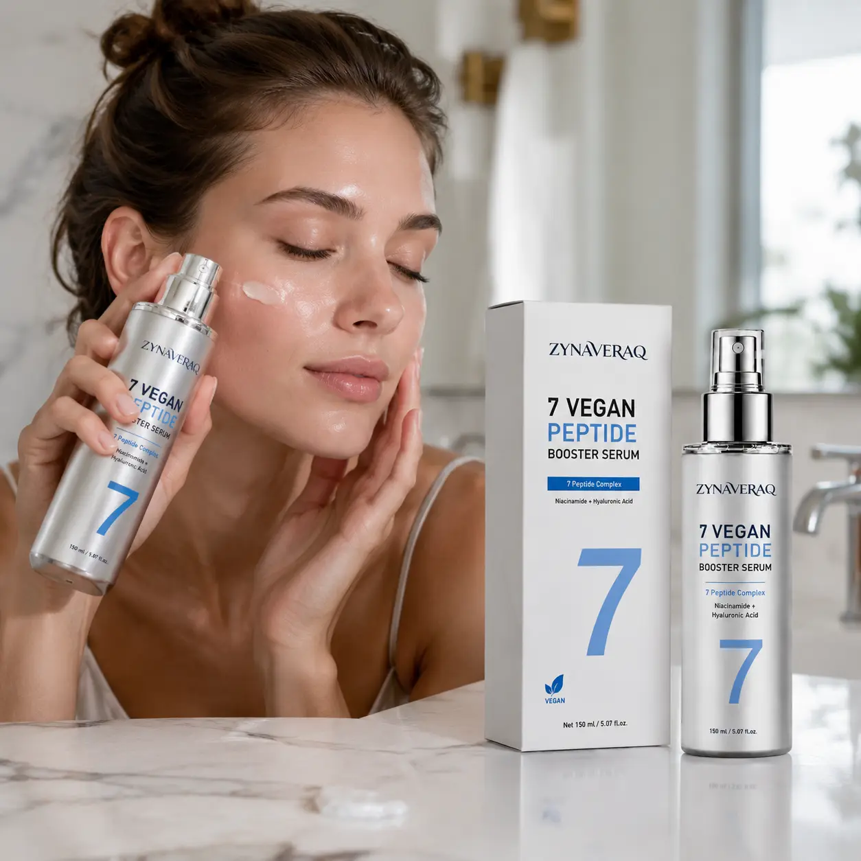 Zynaveraq 7 Vegan Peptide Booster Serum (150ml) - Daily Hydrating, Pore-Minimizing First-Step Serum with Niacinamide, Hyaluronic Acid, Smooth Texture, Moisturizer for Sensitive Skin, Lightweight & Watery, Hydrate, Skin Repair, Dry, Plump Skin