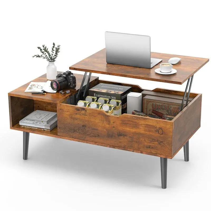 Lift Top Rectangle Coffee Table - Fully Assembled Wooden Center Table with Fluted Design, Storage Shelf - Rising Tabletop for Living Room, Space Saving Furniture Living Room Decor
