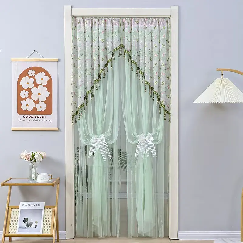 Floral Lace Sheer Doorway Curtain with Beaded Tassels, Romantic Door Curtain Room Divider, Rod Pocket Curtain for Bedroom Closet Entryway Apartment Home Decor