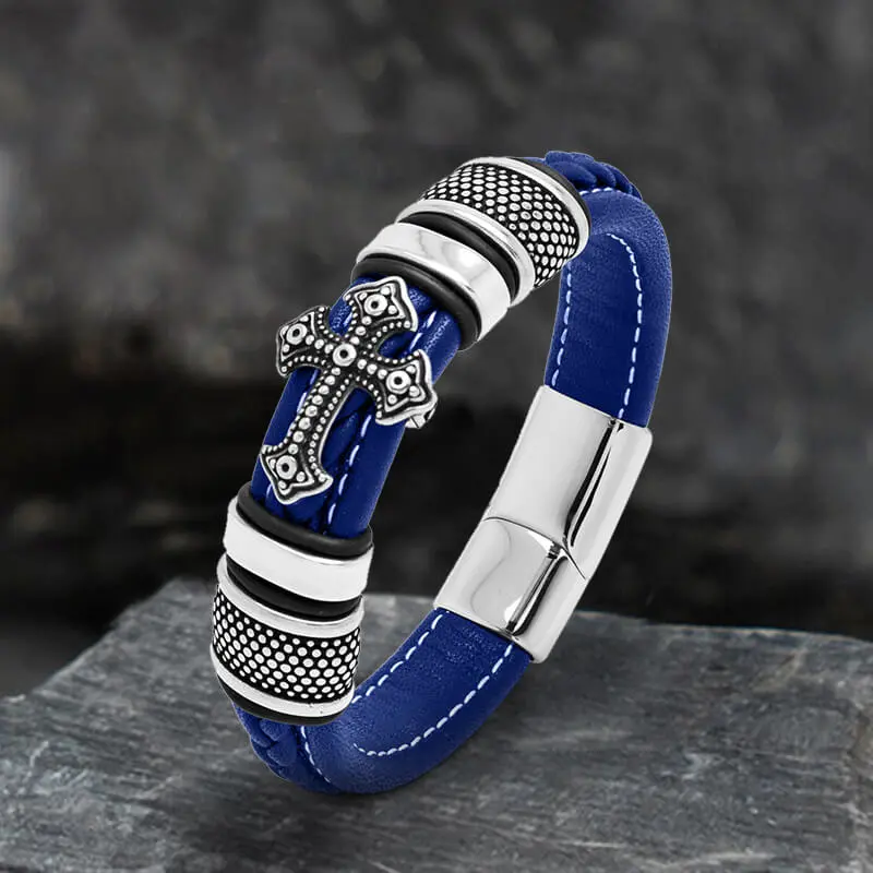 GTHIC High Quality Adjustable Multi-Size Budded Cross Centerpiece Stainless Steel-Braided Leather Bracelet, Masculine Statement Jewelry for Men Birthday Gift, Adjustable Bracelet, High Quality Bracelet