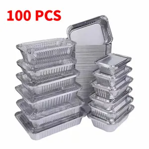 100 PCS Disposable Aluminum Foil BBQ Trays, Food Grade Heavy Duty Foil Pans for Grilling, Baking, Roasting Fish & Food Takeout Containers