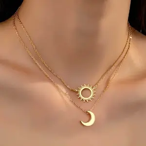Hollow Sun Moon Necklace Golden Two-piece Set Women's Jewelry Fashion Accessories