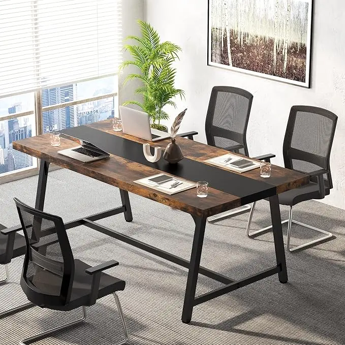 Tribesigns 6FT Rectangle Conference Table, 70.87L x 33.46W x 29.92H Inches Meeting Table for Conference Room, Wood Office Executive Desk with Strong Metal Frame for 6 People, Brown Modern Design Collaborative Activities