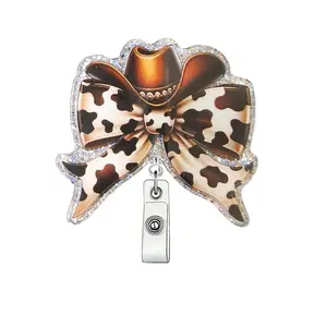 Cute Bowknot Design Badge Holder, 1 Count Cow Print Retractable Badge Reel, ID Card Holder for Student Office Staff Doctor Nurse Teacher