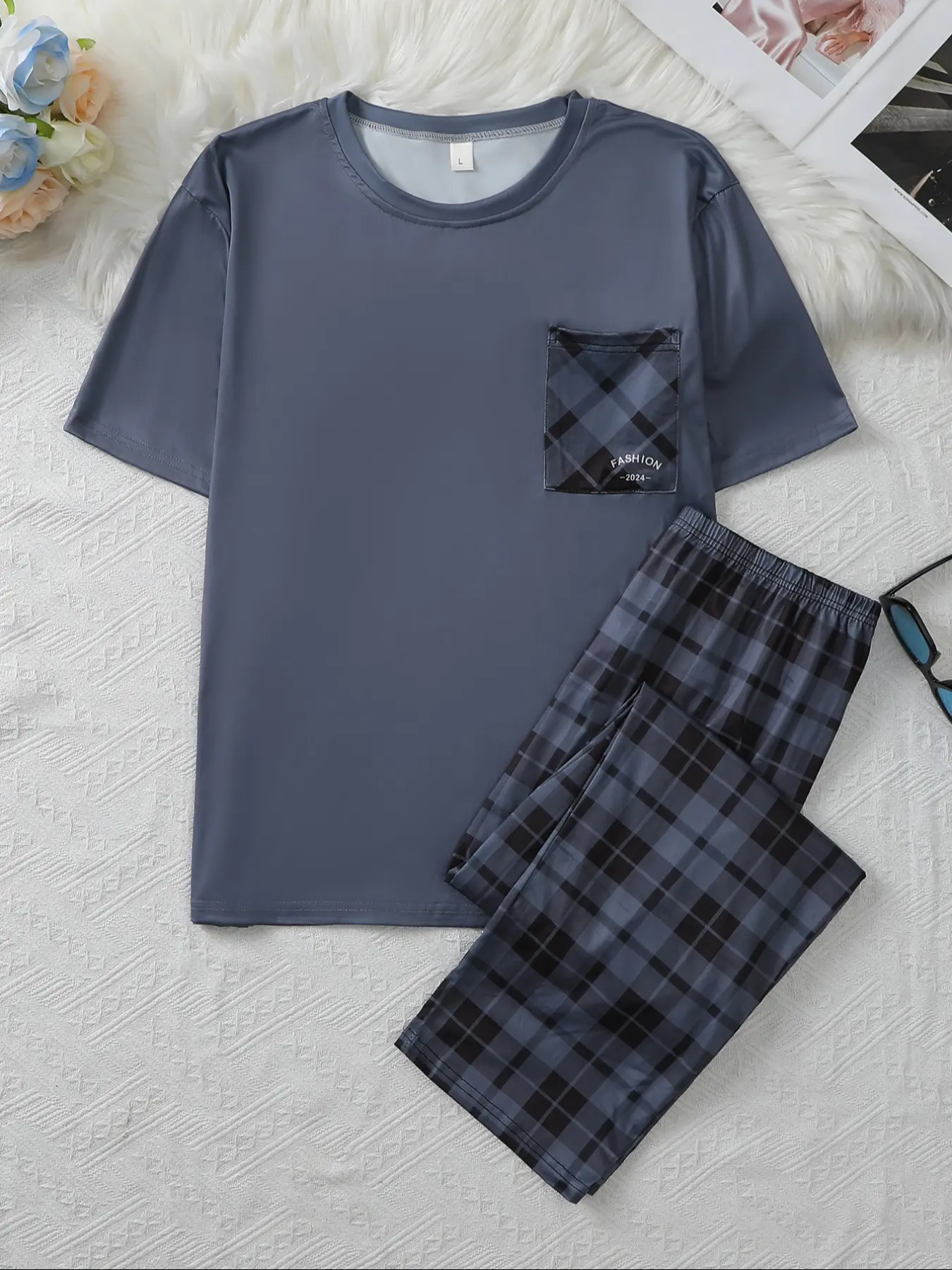 Men's Summer Casual Pajama Set Loungewear Nightwear, Round Neck Short Sleeve Top, Slight Stretch Knit Plaid Pants, Comfortable Polyester Elastane Blend