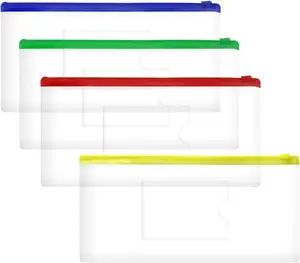 4PCS Clear Plastic Envelopes File Folders with Pockets PVC Pencil Case Pouch Zipper Storage Bags for Documents Cash Puzzles Travel Organizing Art Craft School Office Supplies, 9.4 X 4.7Inch PPhtony