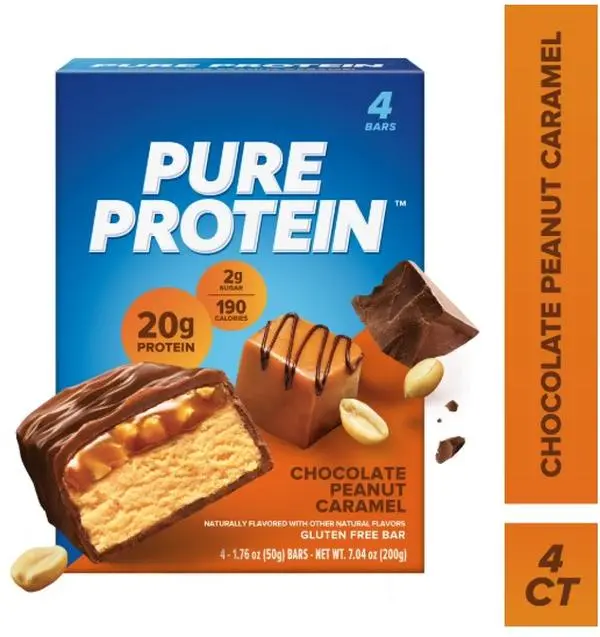 Pure Protein Bars, Chocolate Peanut Caramel, Gluten Free, 20g Protein, 1.76 oz, 4 Count