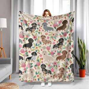 Cute Dachshund Pattern Blanket Soft Comfortable Warm Throw for Home Office & Travel Lightweight Cozy Blanket Ideal for Air-conditioned Rooms
