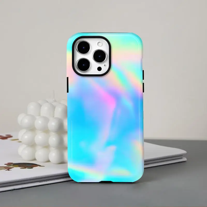 2-in-1 Cellphone Case Casing - Blue Holo Laser Glow Gradient, Glossy Finish, Durable, Shock-Absorbing Phone Accessories for iPhone 17,16,15,14,13,12,11,X & Samsung Handheld Devices, Holiday Gift Idea