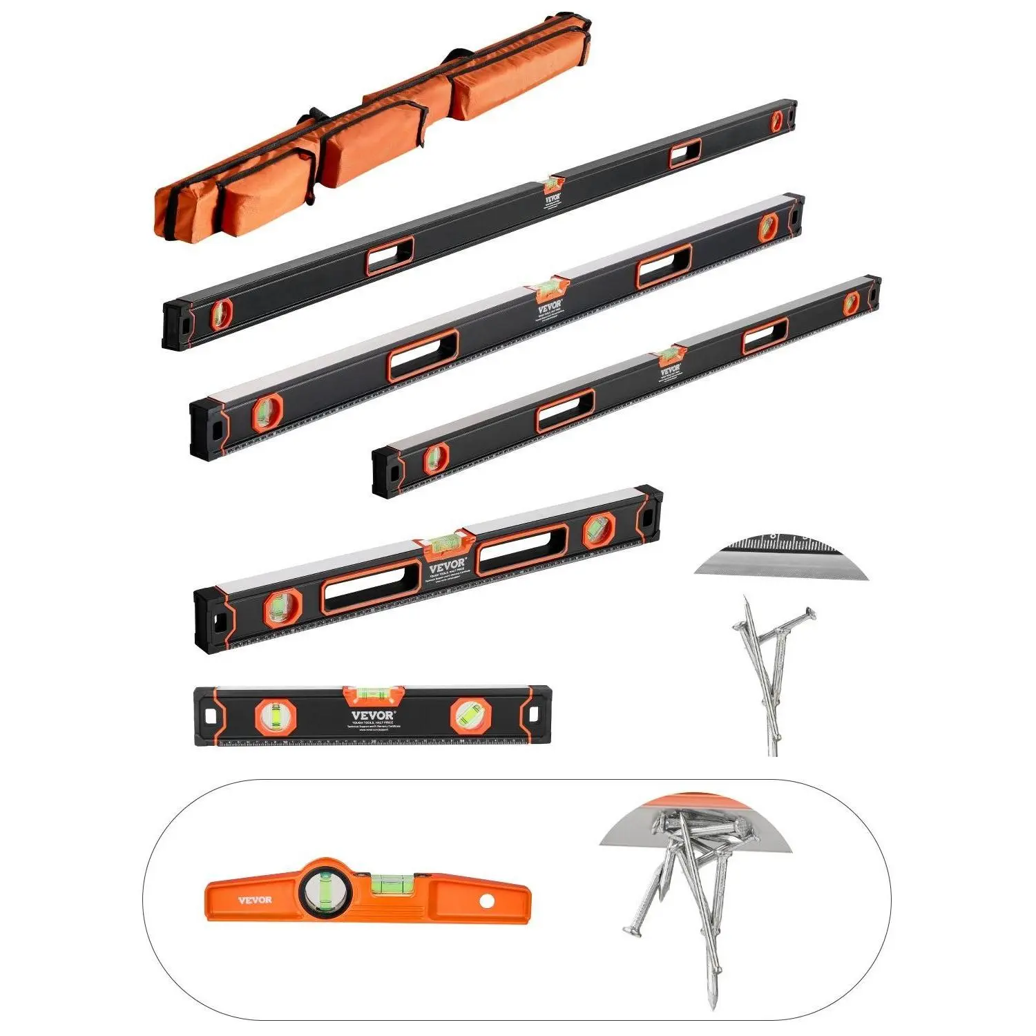 【Summerfinds】VEVOR 6-Piece Torpedo Level (Only 10-inch has magnetic), 78/48/32/24/16/10 Inch Box Levels Set, Bubble Vials Ruler for 45/90/180 Degree, Shock-Proof Aluminum Alloy Magnetic Leveler Tool, SAE/Metric Scale(Only 10-inch has magnet)