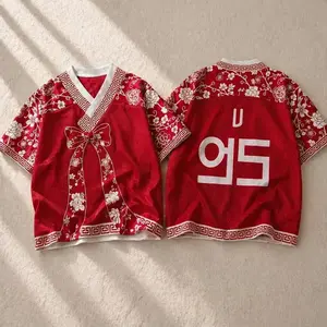 Kpop Hanbok Style Sports Jersey, Korean Floral Red V-Neck Fan Shirt, Retro Hallyu Inspired Mesh Tee, Oversized Concert Merch Gift for Her