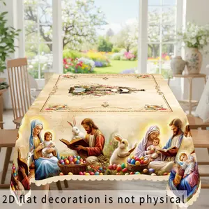 [2D Flat] 1pc, Easter-themed Party Tablecloth, Vintage Rabbit and Nativity Scene with Easter Egg Floral Print Design, Suitable for Indoor and Outdoor Dining, Picnics, Dinners, and Restaurant Decoration