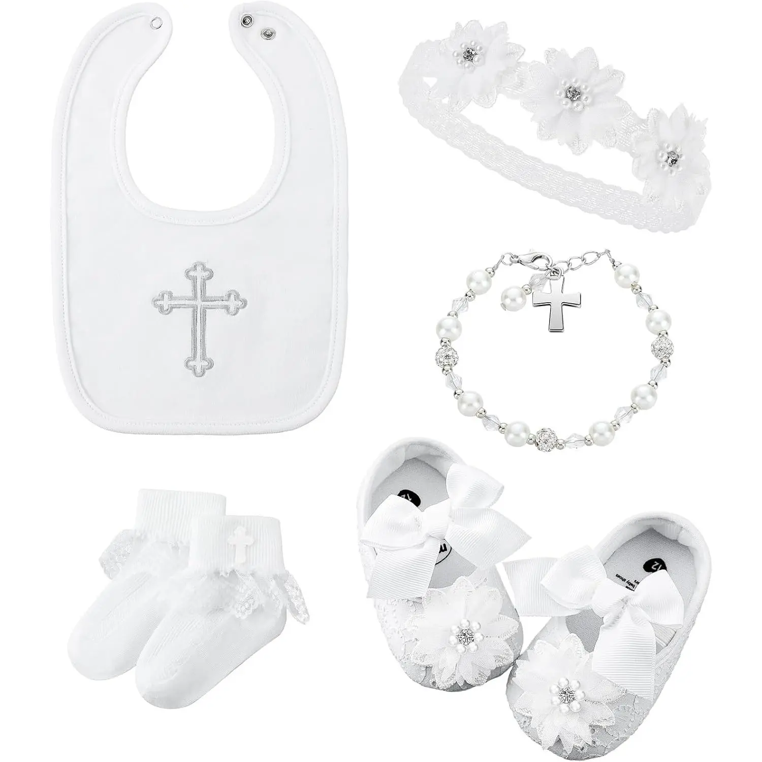 L-JLY004 5 Pcs Baptism Bib for Baby Girl white Christening Sock Shoes Headband Cross Charm Bracelet Baptism Outfits Gift