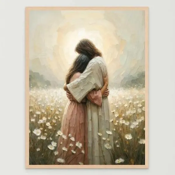 Jesus Loves You, Christian Wall Art, Jesus with Girl, Jesus Portrait, Bible Art, Jesus and Children, Jesus Painting, Floral, Woman, Spring Art, Religious Wall Art, Catholic, Christian Gift(Note: Frame shown for display only) wall decor