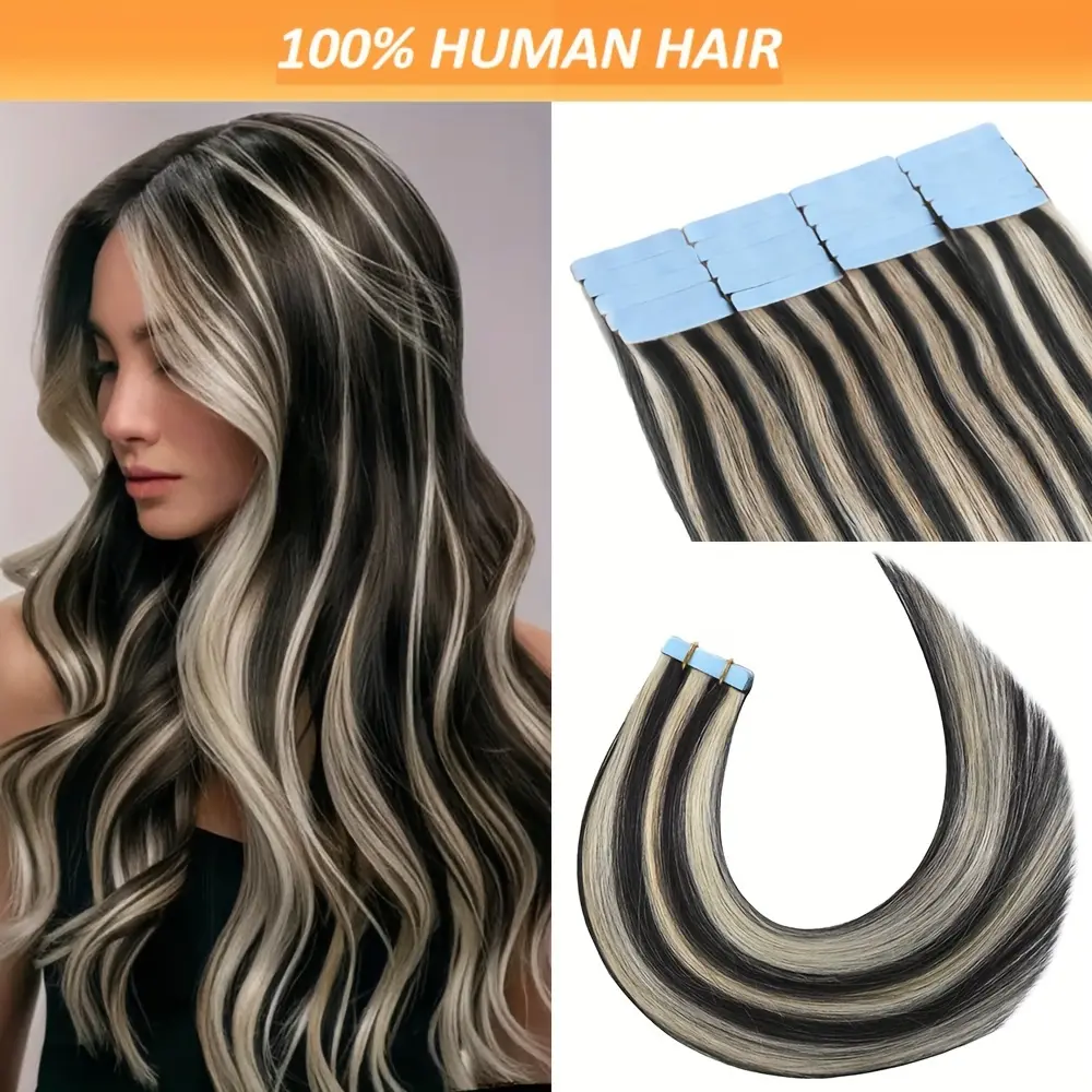 Pre-Bonded Tape-In Human Hair Extensions for Women, Natural Straight #1B/613 Color, 18-26 Inch Long, Invisible & Tangle-Free, 20/40/60pcs Pack (30g-90g), Pre Bonded Extensions, Silky Straight, Multiple Packs, Tape In Extensions
